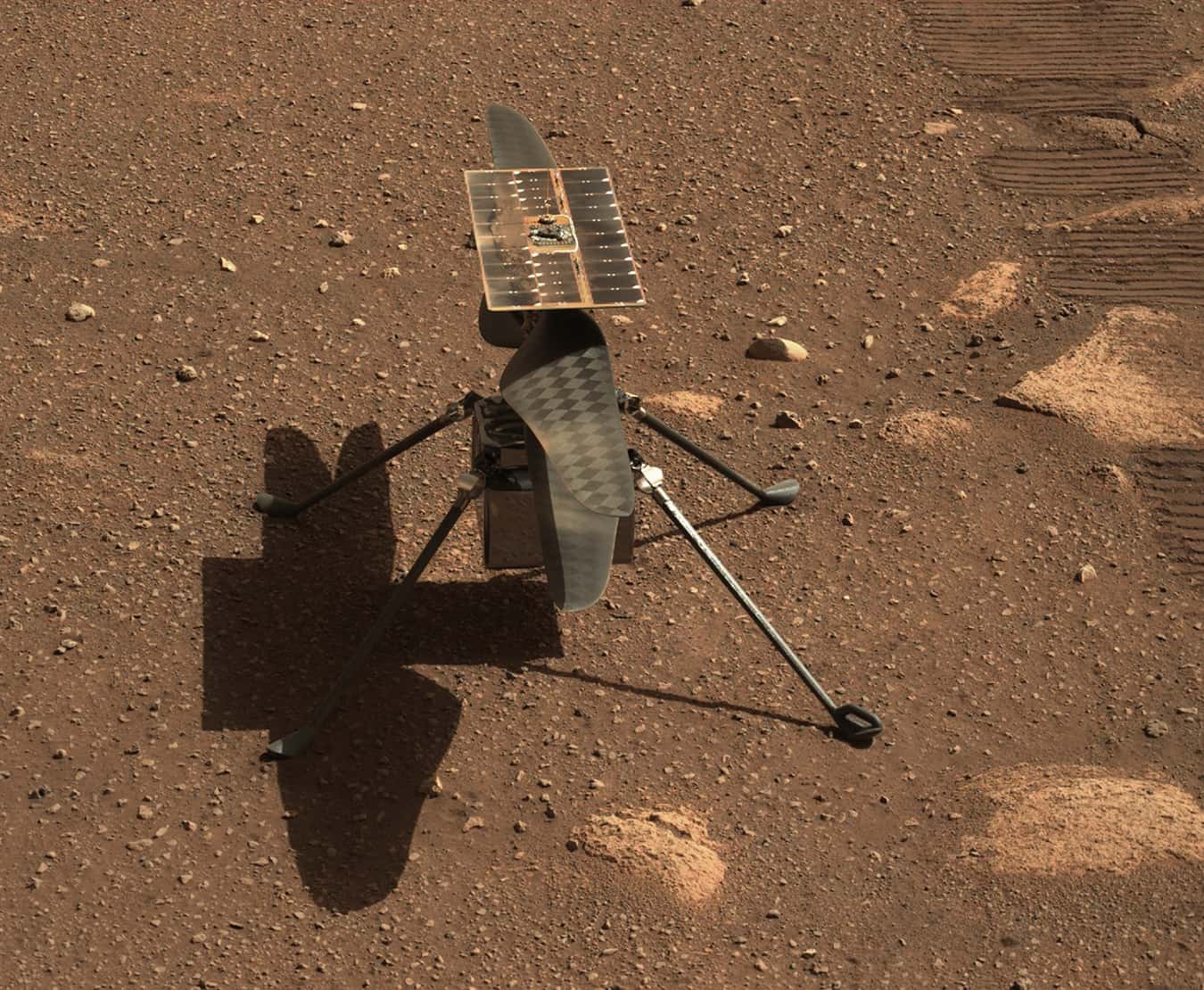 NASA’s Ingenuity Mars helicopter is seen here in a close-up taken by Mastcam-Z, a pair of zoomable cameras aboard the Perseverance rover. This image was taken on April 5, the 45th Martian day, or sol, of the mission.