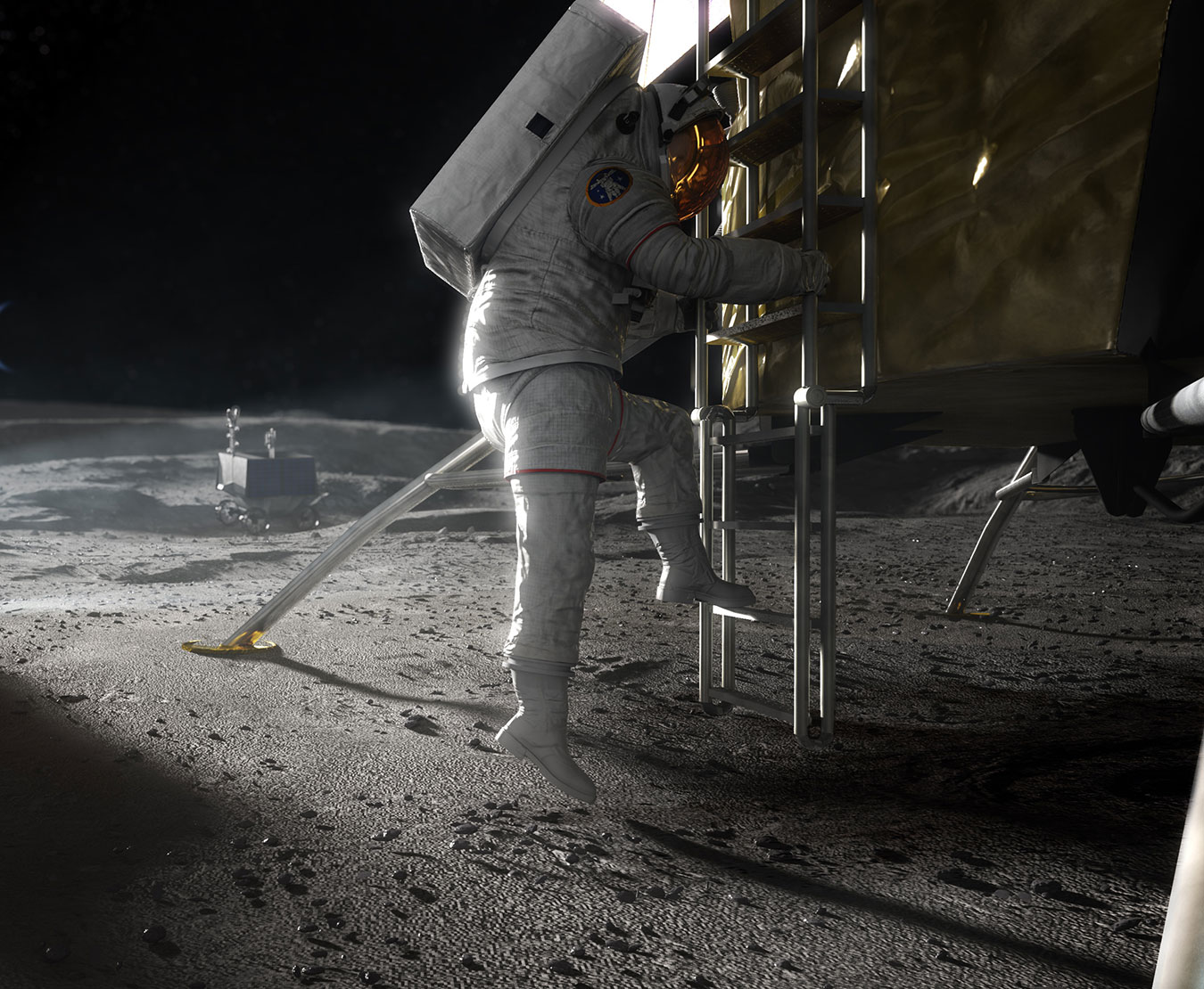 Concept image of an Artemis astronaut stepping onto the lunar surface.