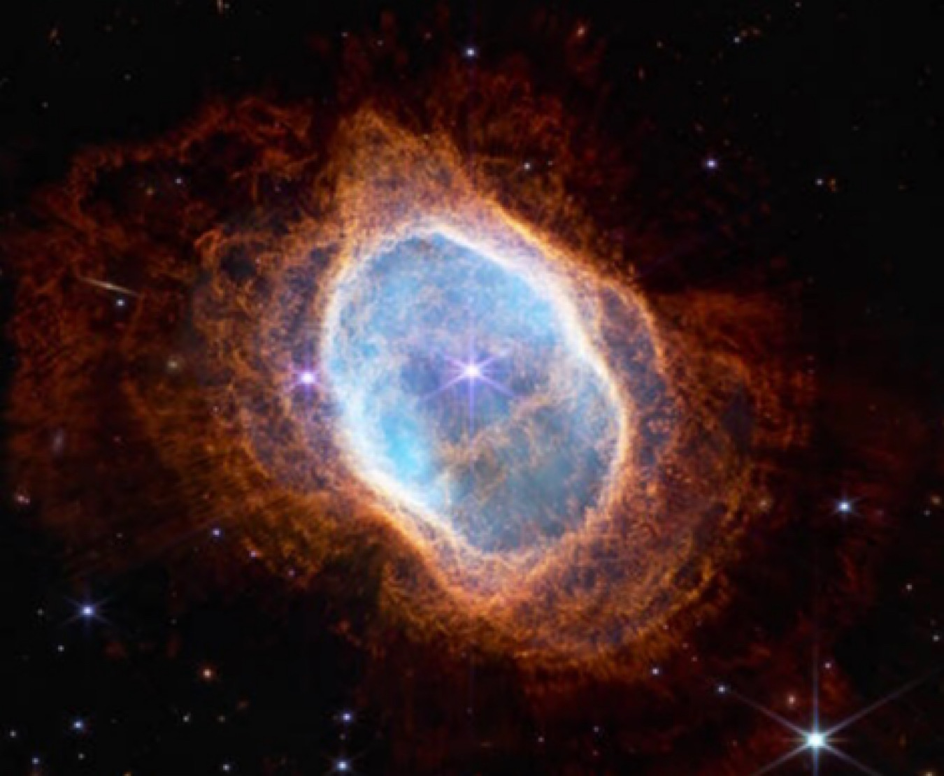 James Webb Space Telescope image shows view of Southern Ring planetary nebula as seen by Webb telescope (NIRCam) against black backdrop of space; a bright star appears at center in both images, surrounded by an undulating ring of gas