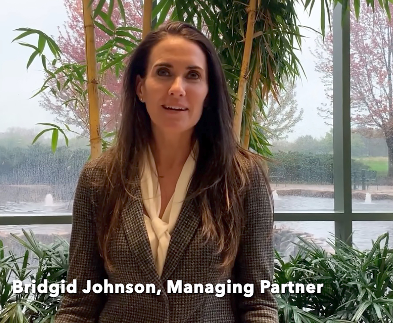 Bridgid Johnson, Managing Partner of StratMg with windows and green plants in the background
