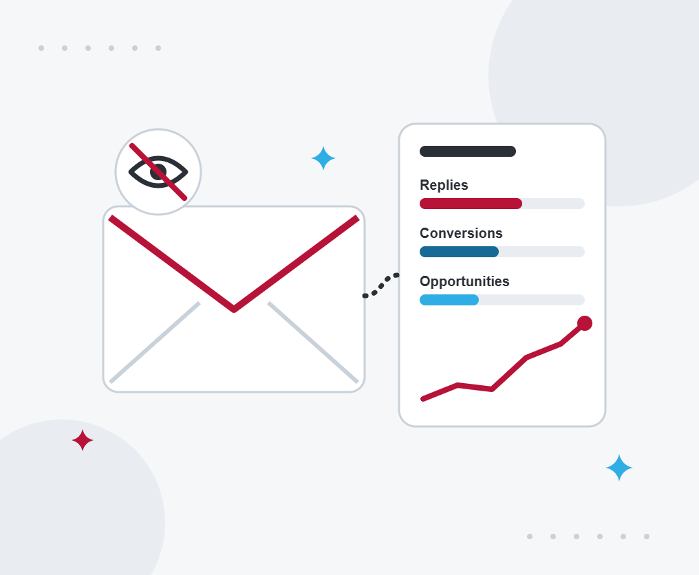 Illustration of an email with a dashboard of replies, conversions and opportunities